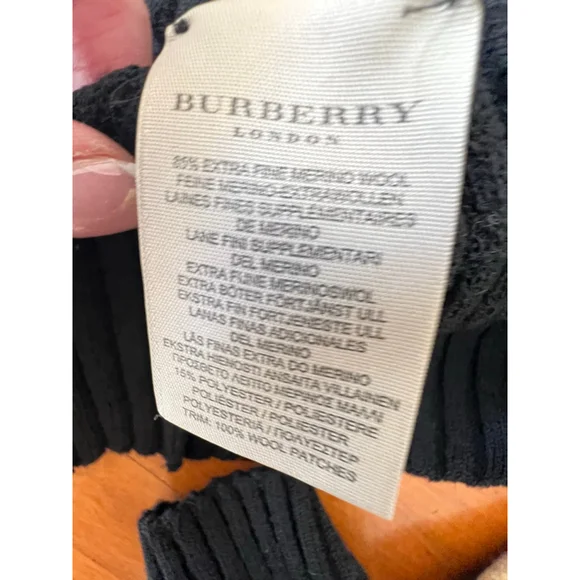 New Burberry Black Ribbed Turtleneck Sweater Plaid Elbow Patches XS (Fits M)